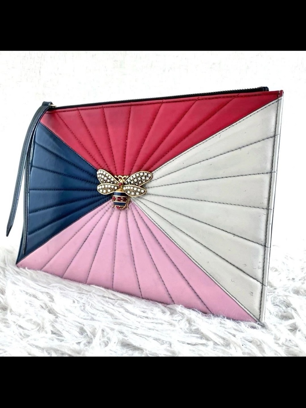 Gucci Tri-Panel Quilted Bee Clutch - Pink, Red, Navy, White